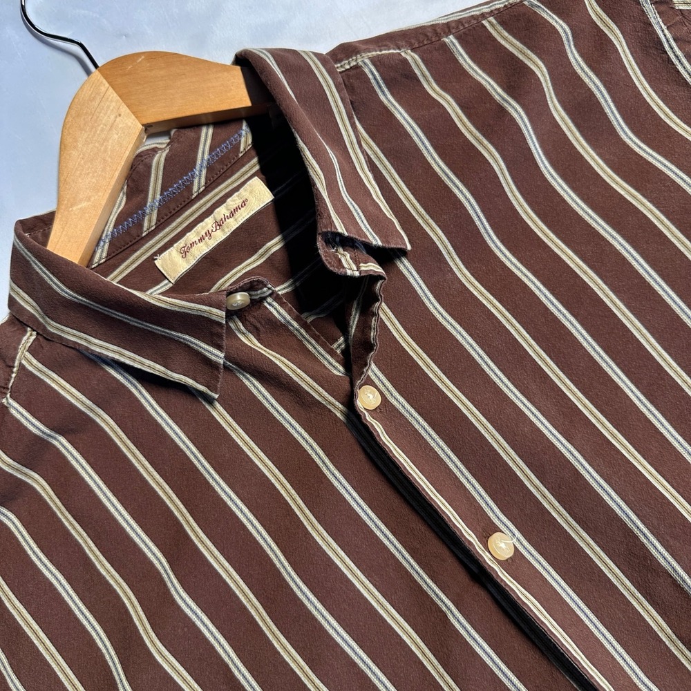 Tommy Bahama Mens XL Brown Striped Silk Cotton Long Sleeve Button Down Shirt
